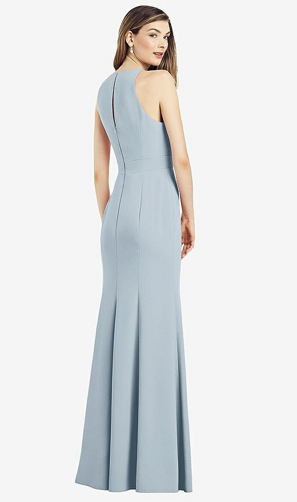 Back View - Mist V-Neck Keyhole Back Crepe Trumpet Gown