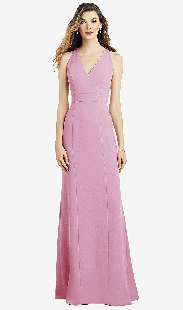 Front View - Powder Pink V-Neck Keyhole Back Crepe Trumpet Gown