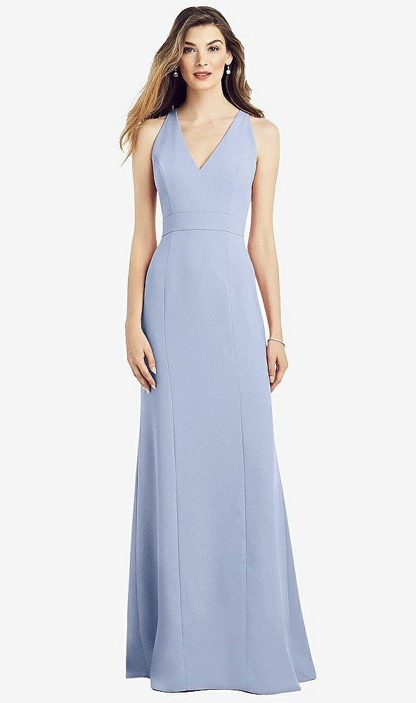 Front View - Sky Blue V-Neck Keyhole Back Crepe Trumpet Gown