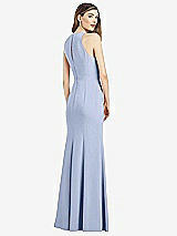 Rear View Thumbnail - Sky Blue V-Neck Keyhole Back Crepe Trumpet Gown