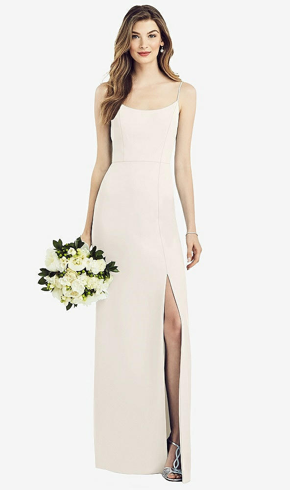 Front View - Ivory Spaghetti Strap V-Back Crepe Gown with Front Slit