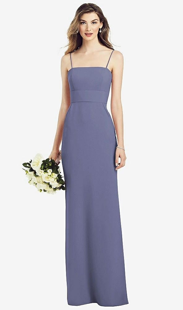 Front View - French Blue Spaghetti Strap A-line Crepe Dress with Pockets