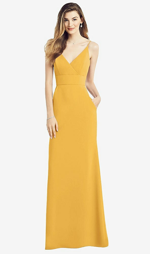 Front View - NYC Yellow V-Back Spaghetti Strap Maxi Dress with Pockets