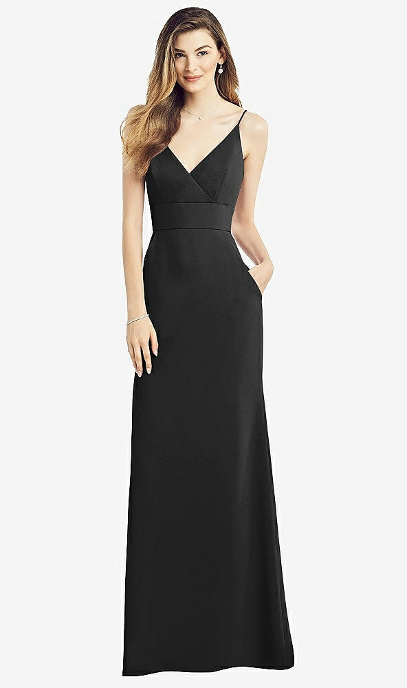 Front View - Black V-Back Spaghetti Strap Maxi Dress with Pockets