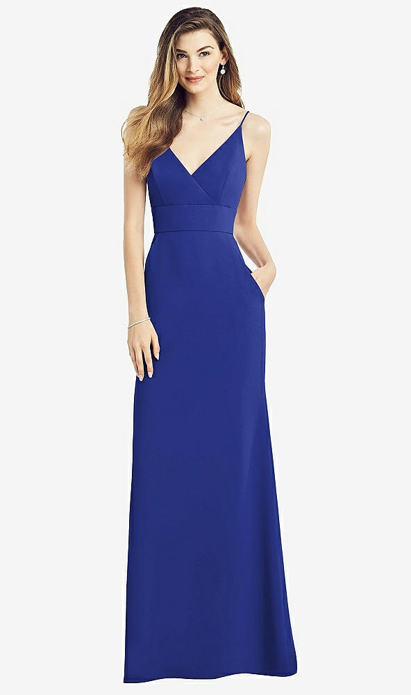 Front View - Cobalt Blue V-Back Spaghetti Strap Maxi Dress with Pockets