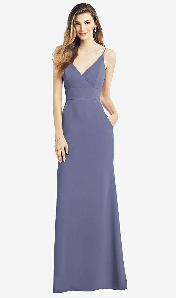 Front View - French Blue V-Back Spaghetti Strap Maxi Dress with Pockets