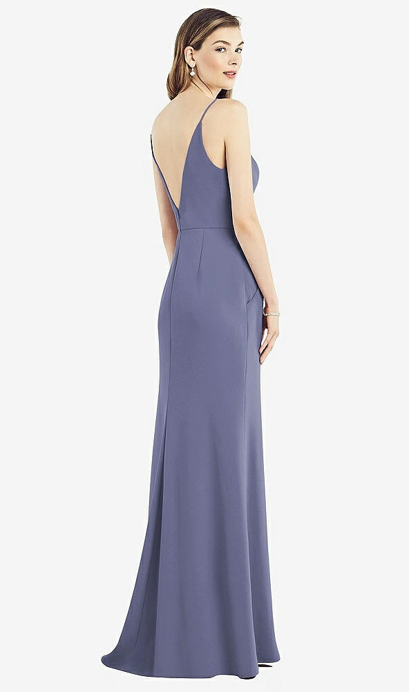 Back View - French Blue V-Back Spaghetti Strap Maxi Dress with Pockets