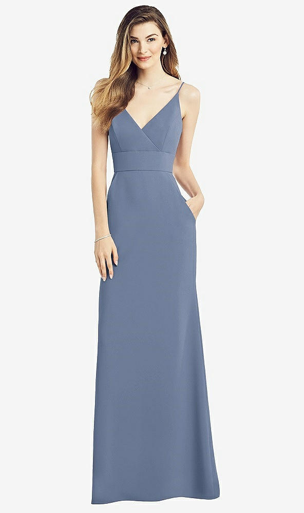 Front View - Larkspur Blue V-Back Spaghetti Strap Maxi Dress with Pockets