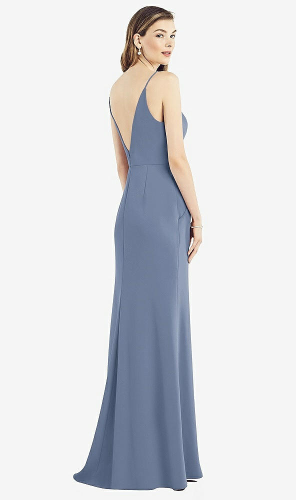 Back View - Larkspur Blue V-Back Spaghetti Strap Maxi Dress with Pockets