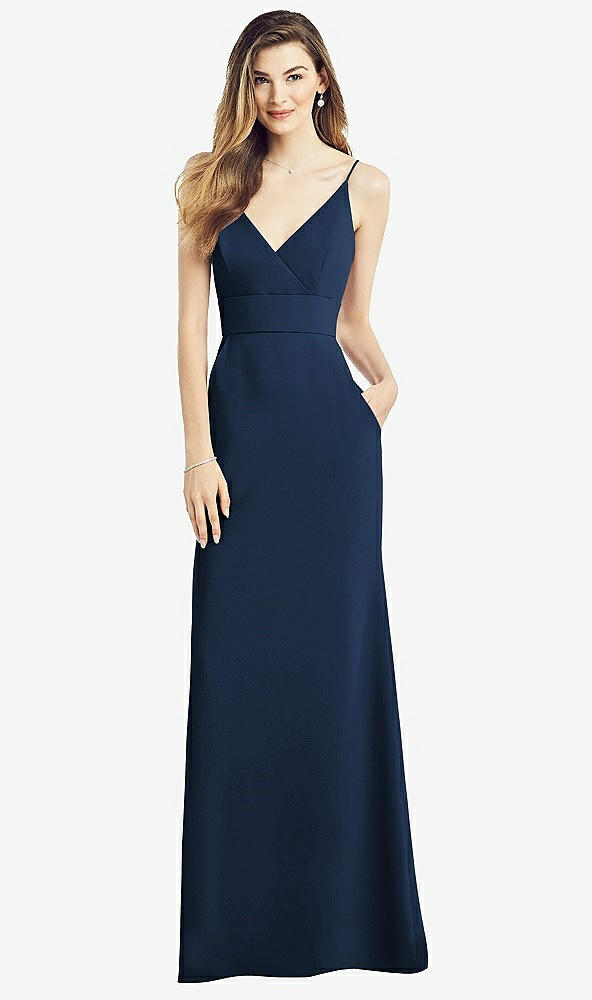 Front View - Midnight Navy V-Back Spaghetti Strap Maxi Dress with Pockets