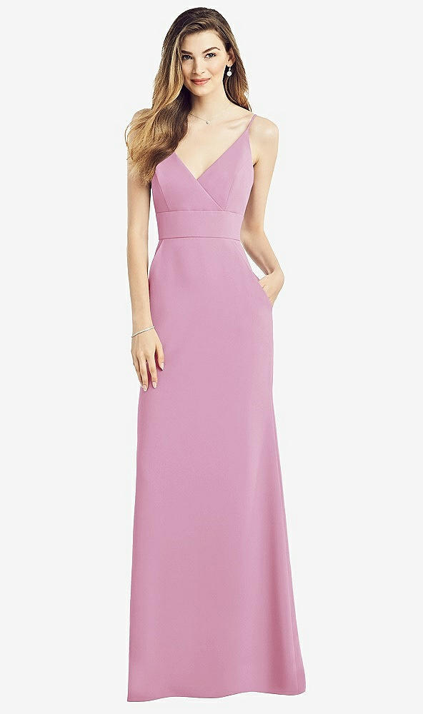 Front View - Powder Pink V-Back Spaghetti Strap Maxi Dress with Pockets