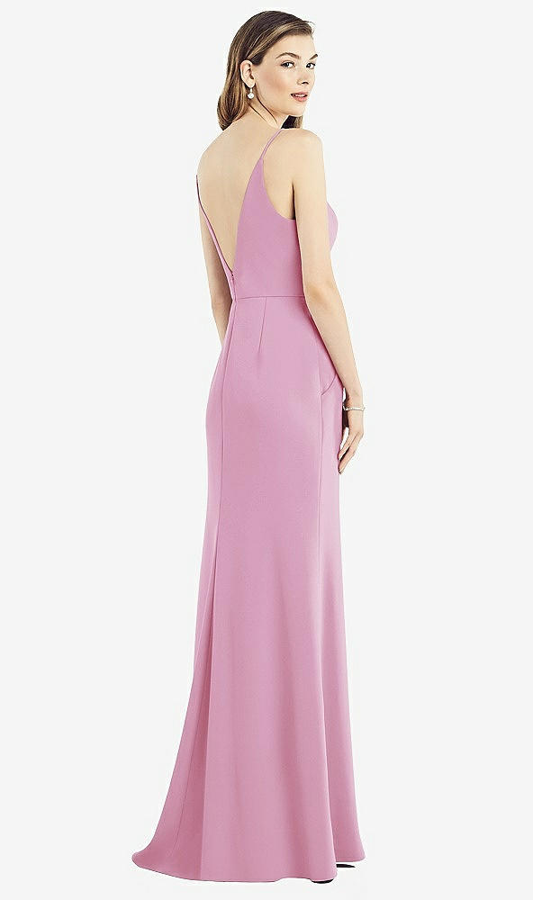 Back View - Powder Pink V-Back Spaghetti Strap Maxi Dress with Pockets