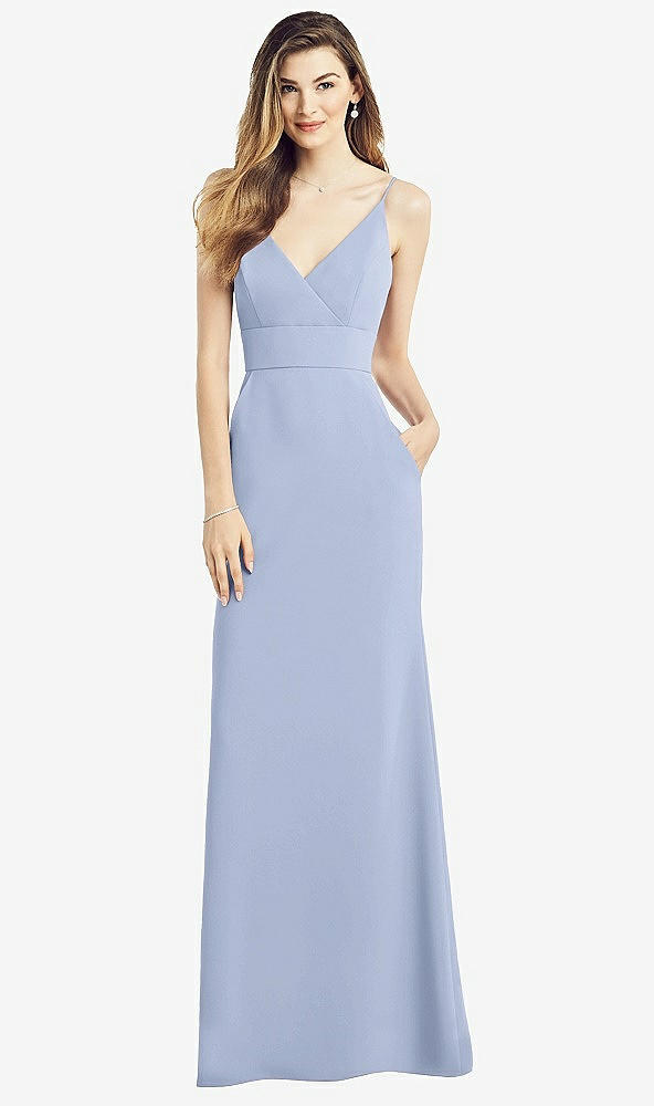 Front View - Sky Blue V-Back Spaghetti Strap Maxi Dress with Pockets