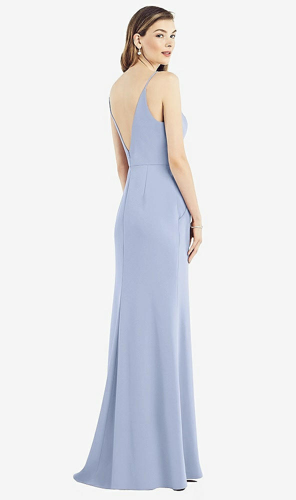 Back View - Sky Blue V-Back Spaghetti Strap Maxi Dress with Pockets
