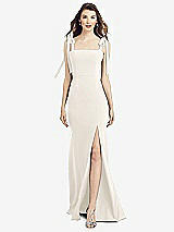 Front View Thumbnail - Ivory Flat Tie-Shoulder Crepe Trumpet Gown with Front Slit