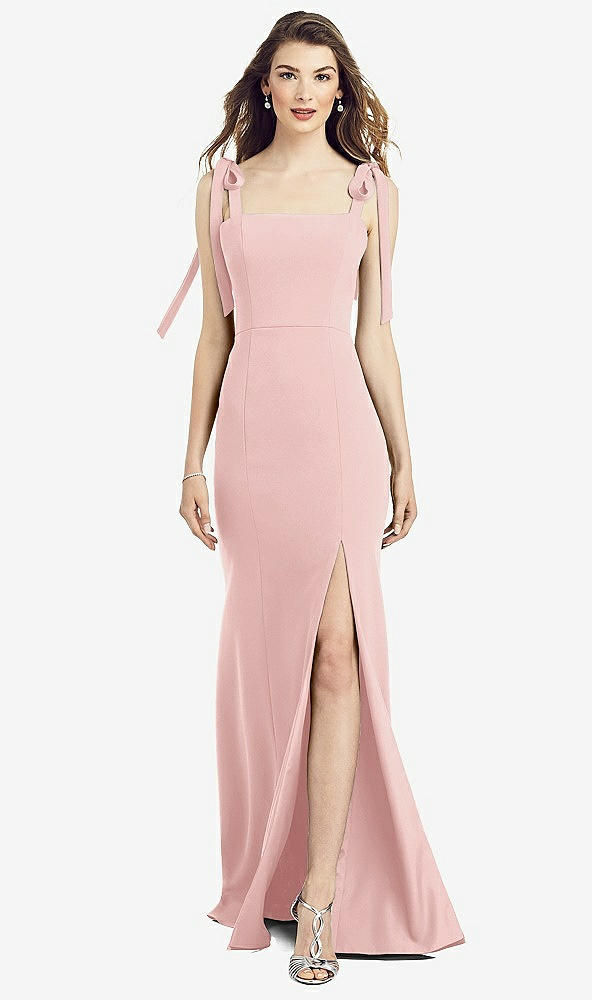 Front View - Rose Flat Tie-Shoulder Crepe Trumpet Gown with Front Slit