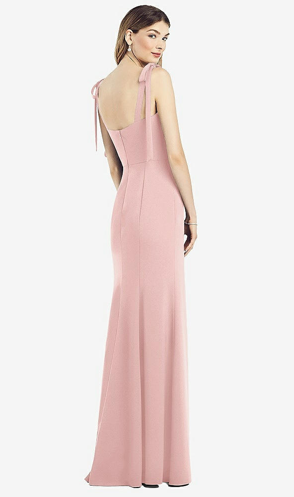 Back View - Rose Flat Tie-Shoulder Crepe Trumpet Gown with Front Slit