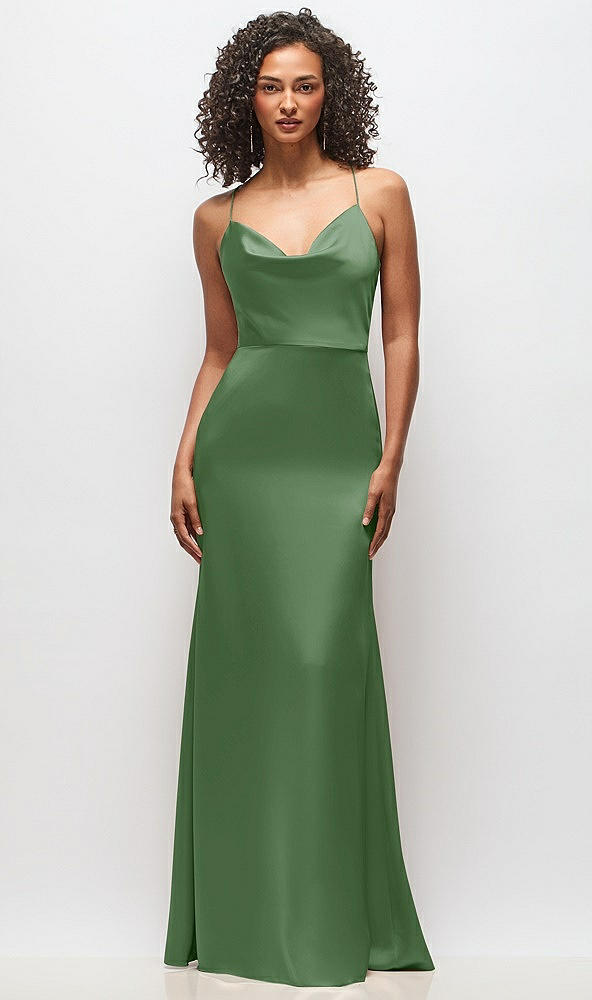 Front View - Vineyard Green Cowl-Neck Criss Cross Back Slip Dress