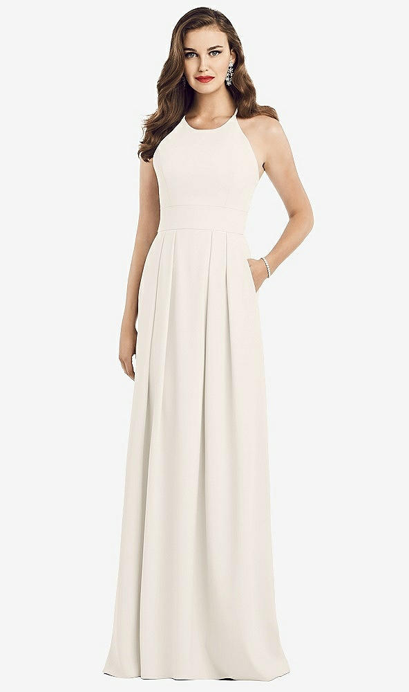 Front View - Ivory Criss Cross Back Crepe Halter Dress with Pockets