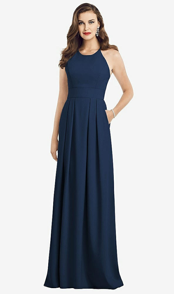 Front View - Midnight Navy Criss Cross Back Crepe Halter Dress with Pockets