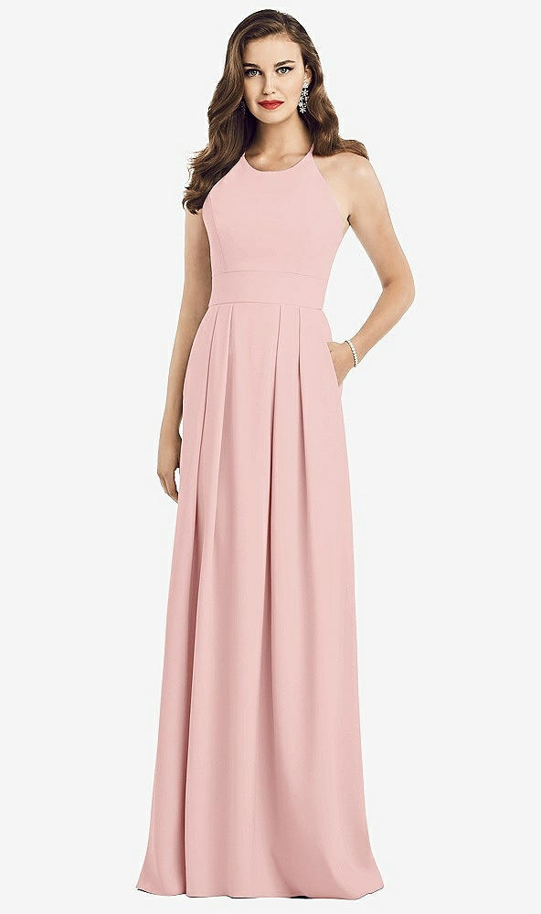 Front View - Rose Criss Cross Back Crepe Halter Dress with Pockets