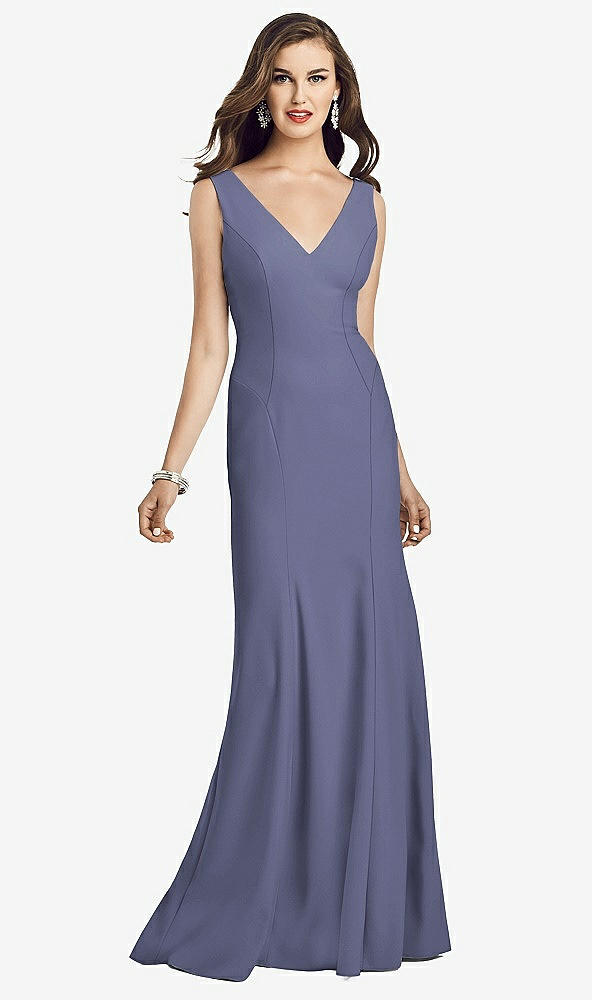 Front View - French Blue Sleeveless Seamed Bodice Trumpet Gown