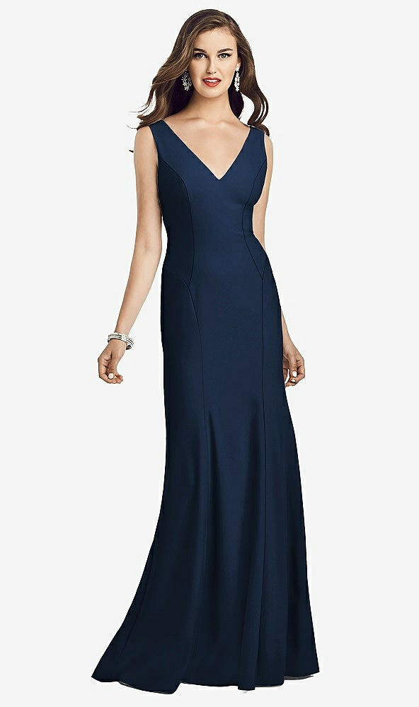 Front View - Midnight Navy Sleeveless Seamed Bodice Trumpet Gown