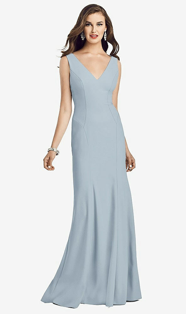 Front View - Mist Sleeveless Seamed Bodice Trumpet Gown