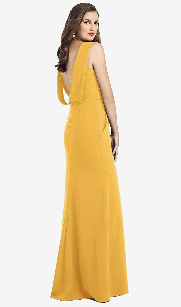 Front View - NYC Yellow Draped Backless Crepe Dress with Pockets