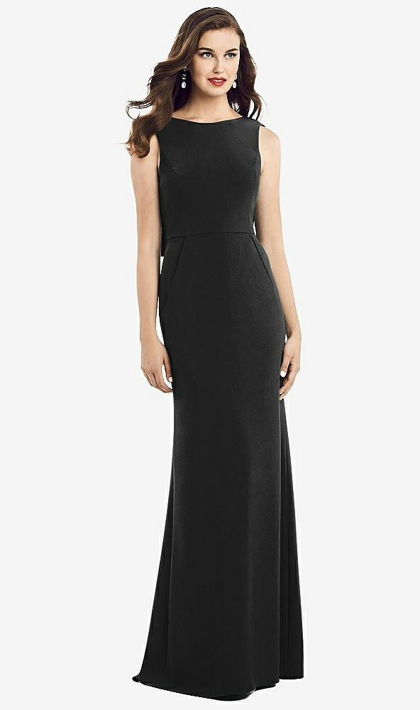 Back View - Black Draped Backless Crepe Dress with Pockets