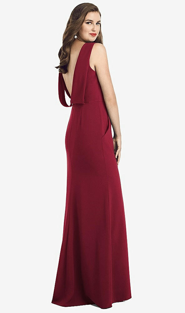 Front View - Burgundy Draped Backless Crepe Dress with Pockets