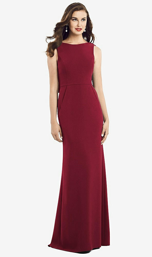 Back View - Burgundy Draped Backless Crepe Dress with Pockets