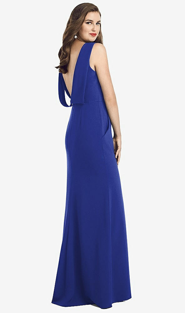 Front View - Cobalt Blue Draped Backless Crepe Dress with Pockets