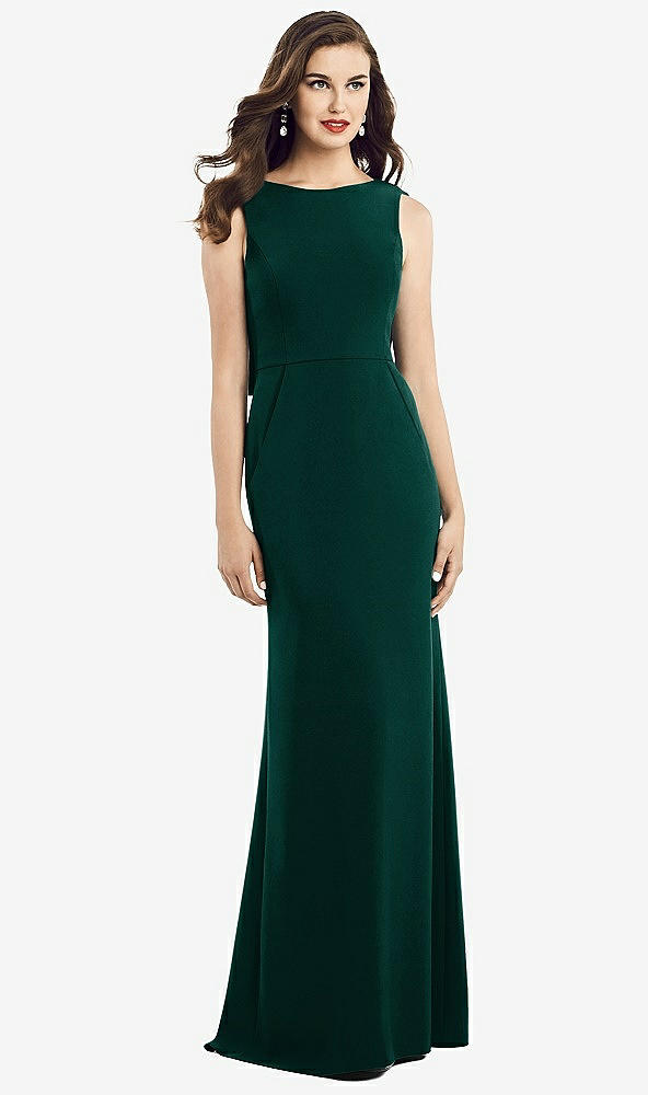 Back View - Evergreen Draped Backless Crepe Dress with Pockets