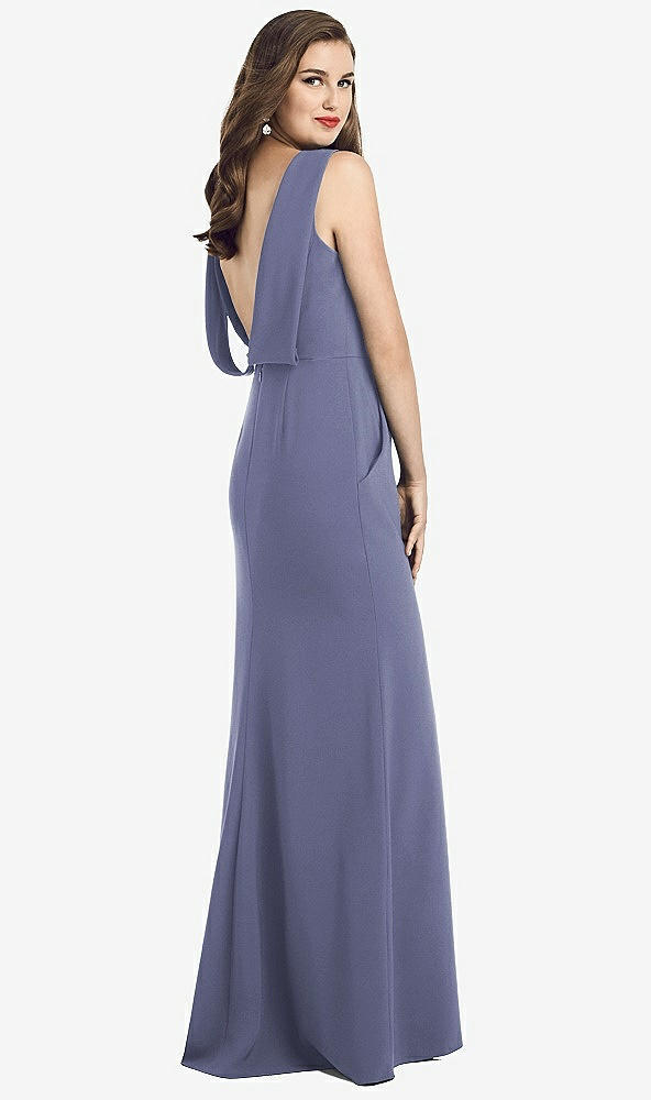 Front View - French Blue Draped Backless Crepe Dress with Pockets