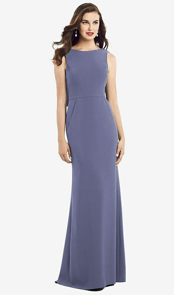 Back View - French Blue Draped Backless Crepe Dress with Pockets