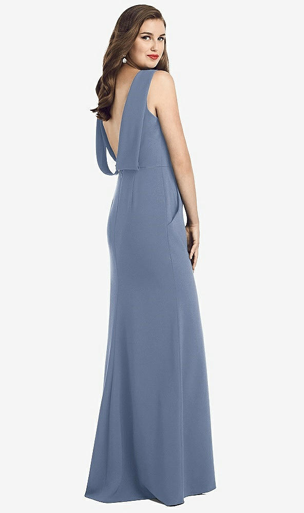Front View - Larkspur Blue Draped Backless Crepe Dress with Pockets