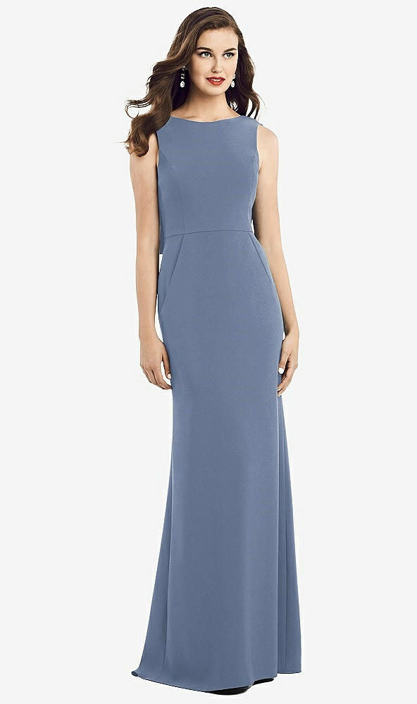 Back View - Larkspur Blue Draped Backless Crepe Dress with Pockets