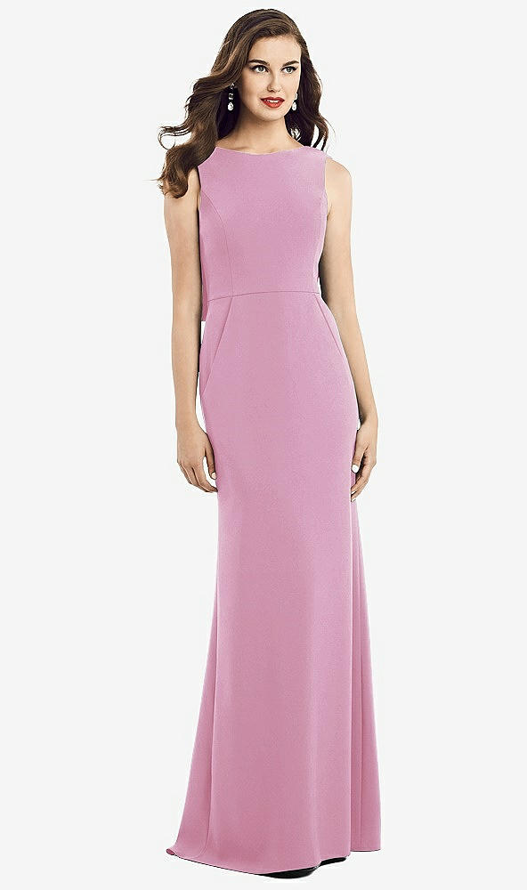 Back View - Powder Pink Draped Backless Crepe Dress with Pockets