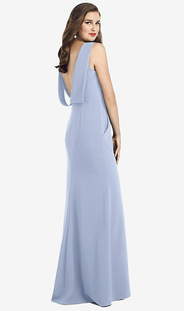 Front View - Sky Blue Draped Backless Crepe Dress with Pockets