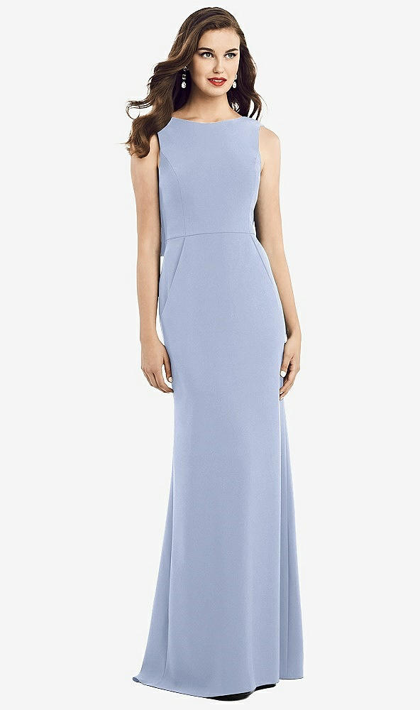 Back View - Sky Blue Draped Backless Crepe Dress with Pockets