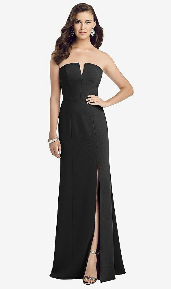 Front View - Black Strapless Notch Crepe Gown with Front Slit