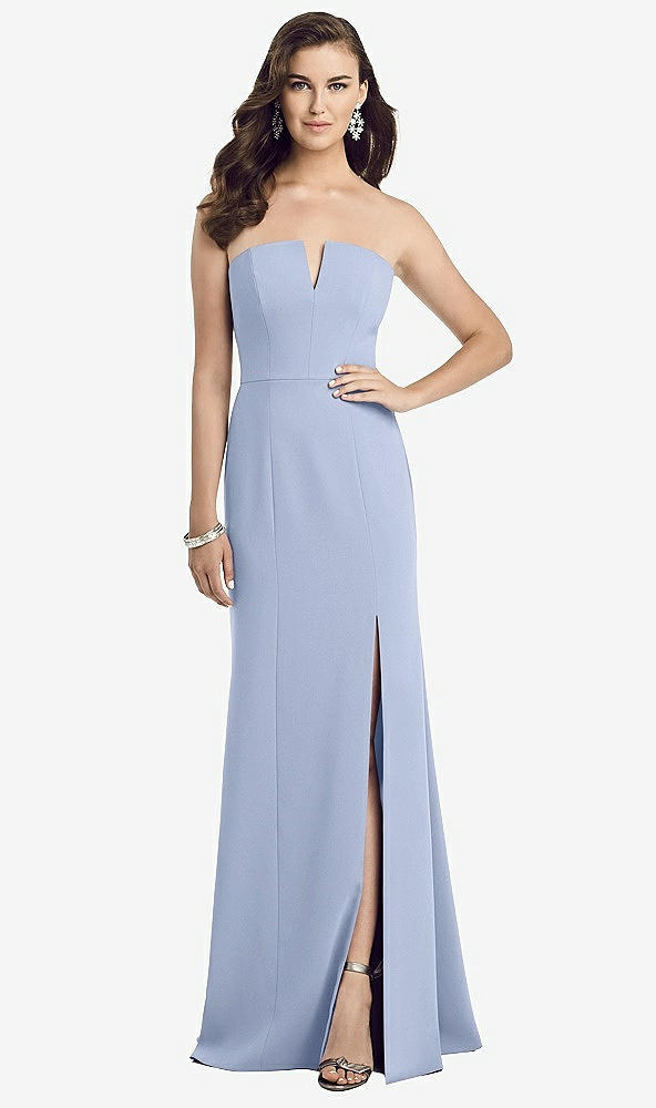 Front View - Sky Blue Strapless Notch Crepe Gown with Front Slit