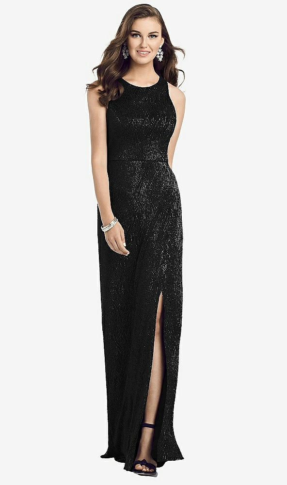 Front View - Black Sleeveless Scoop Neck Metallic Trumpet Gown