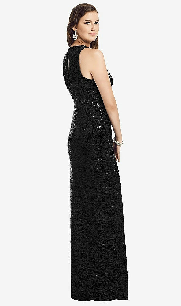Back View - Black Sleeveless Scoop Neck Metallic Trumpet Gown