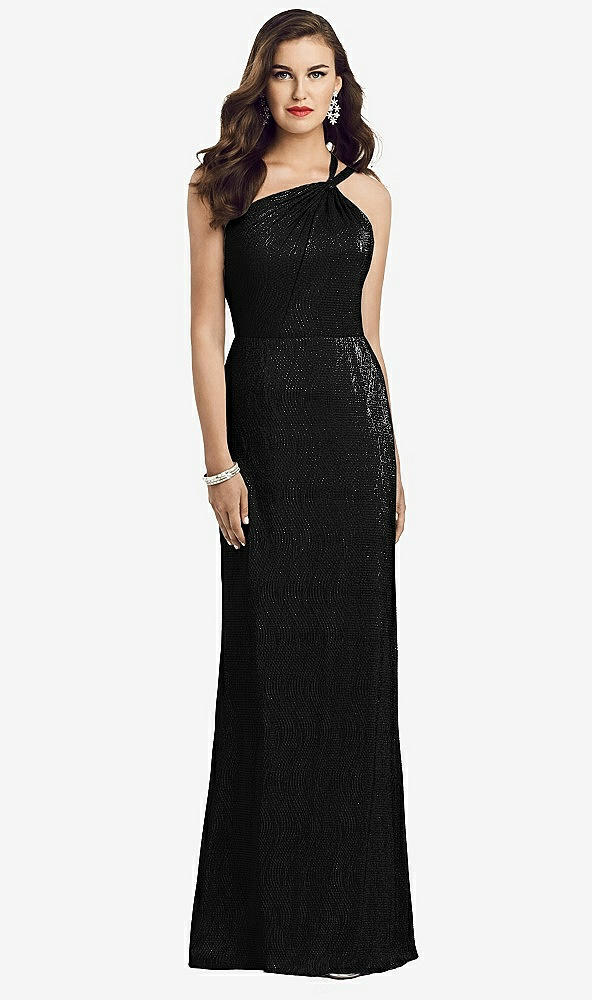 Front View - Black One-Shoulder Twist Metallic Trumpet Gown