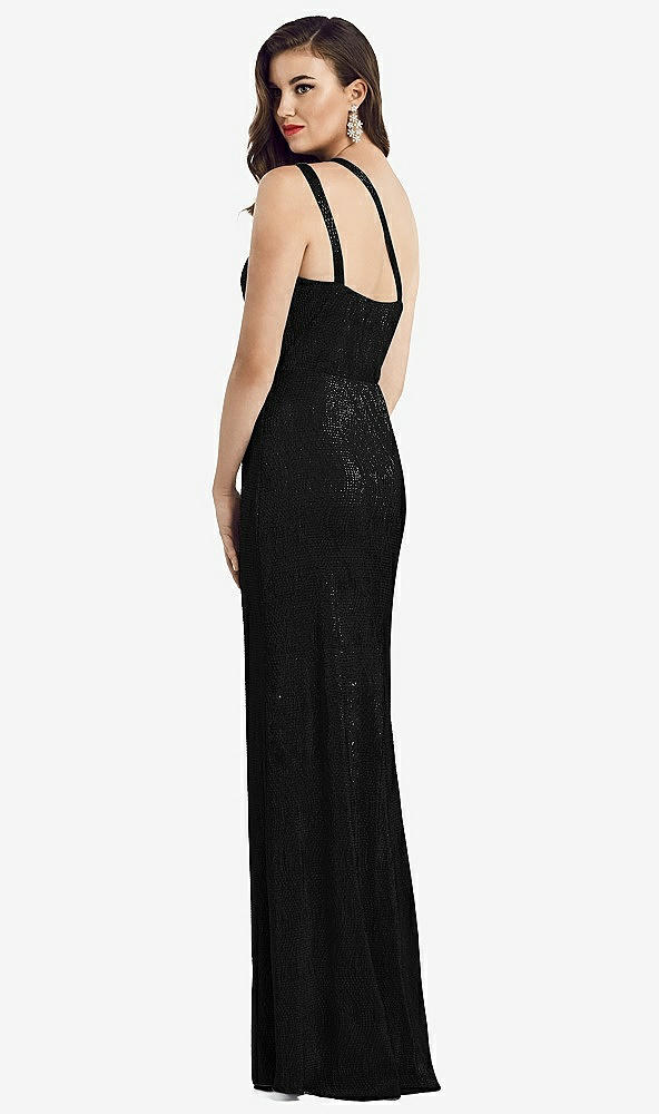 Back View - Black One-Shoulder Twist Metallic Trumpet Gown