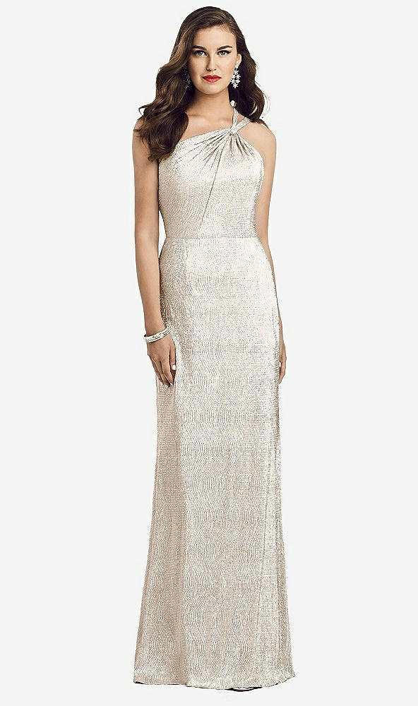 Front View - Rose Gold One-Shoulder Twist Metallic Trumpet Gown