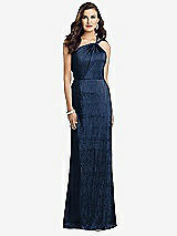 Front View Thumbnail - Midnight Navy One-Shoulder Twist Metallic Trumpet Gown