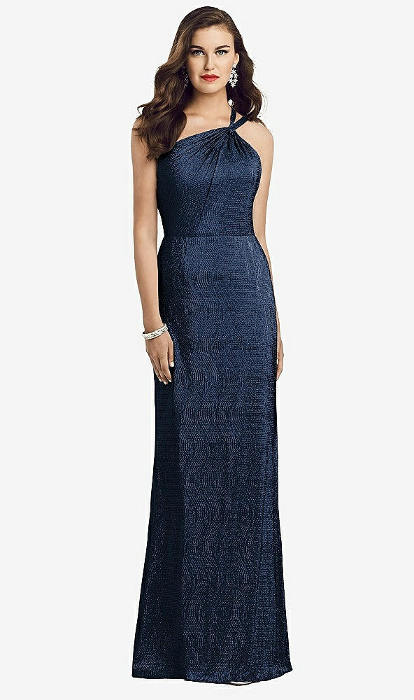 Front View - Midnight Navy One-Shoulder Twist Metallic Trumpet Gown